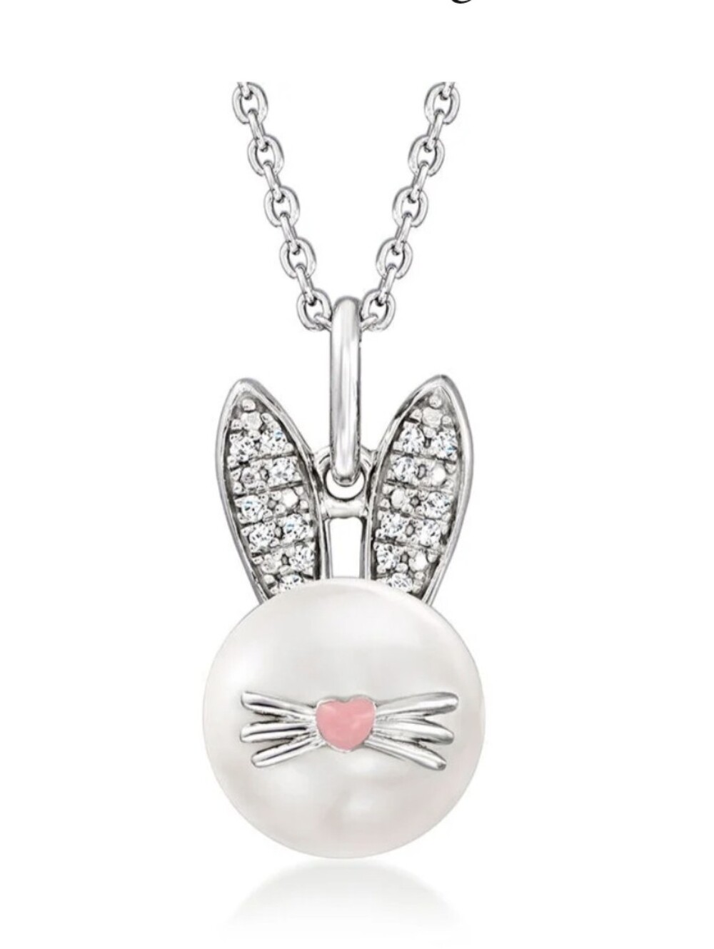 Ross-Simons Pearl Bunny Pendant Necklace with Diamonds in Sterling Silver NIB